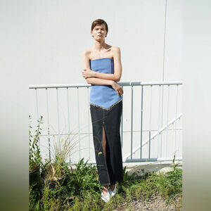 NOMIA NYC Designer Sz 6 Slit Front Maxi Jean Skirt In Black Stonewash NWOT